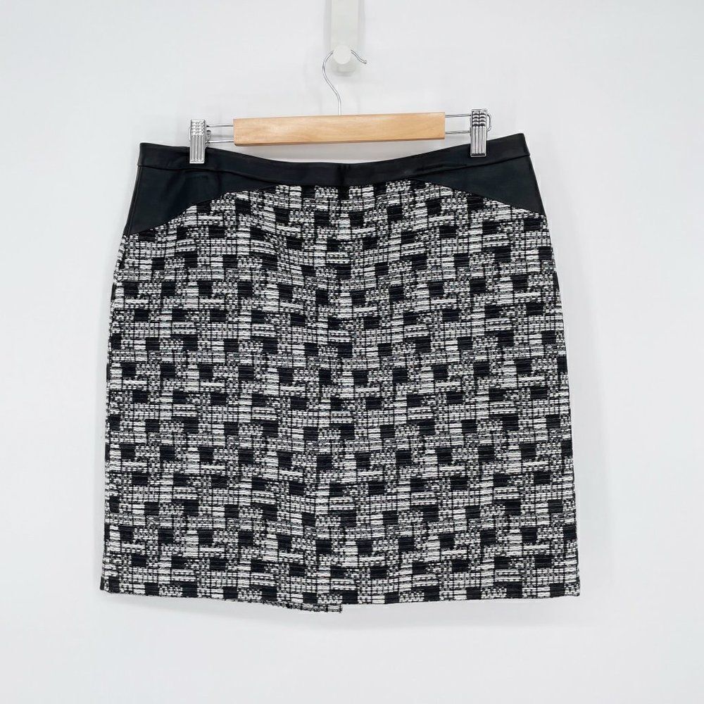 Ann Taylor Metallic Tweed Pencil Skirt Faux Leather Trim Black White Women's 12